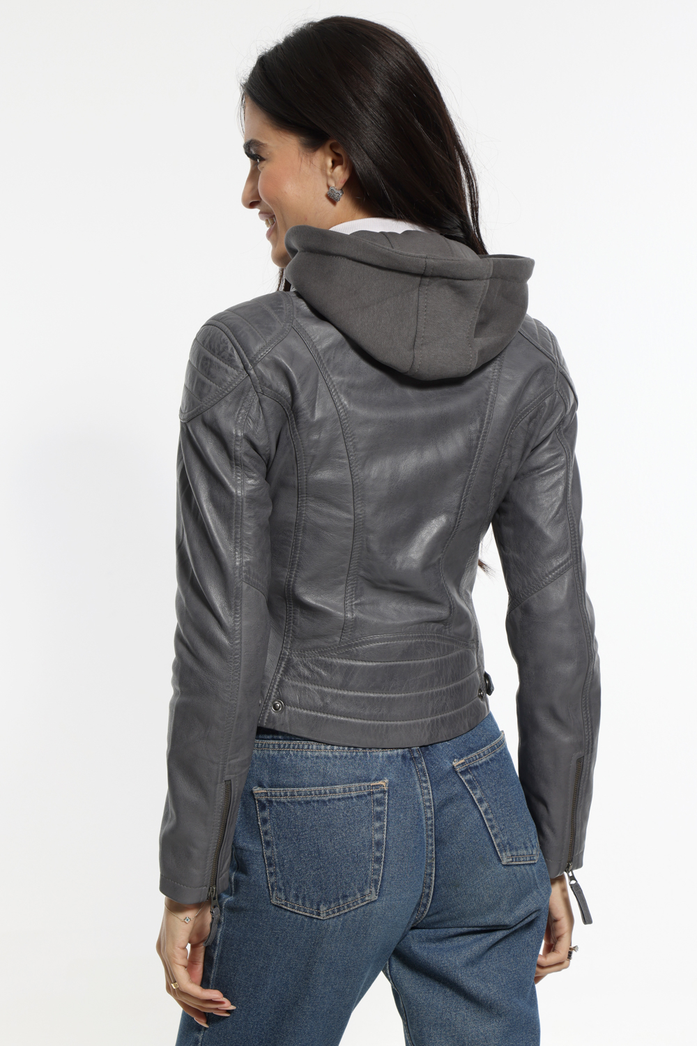 Leather jacket with grey hood womens best sale