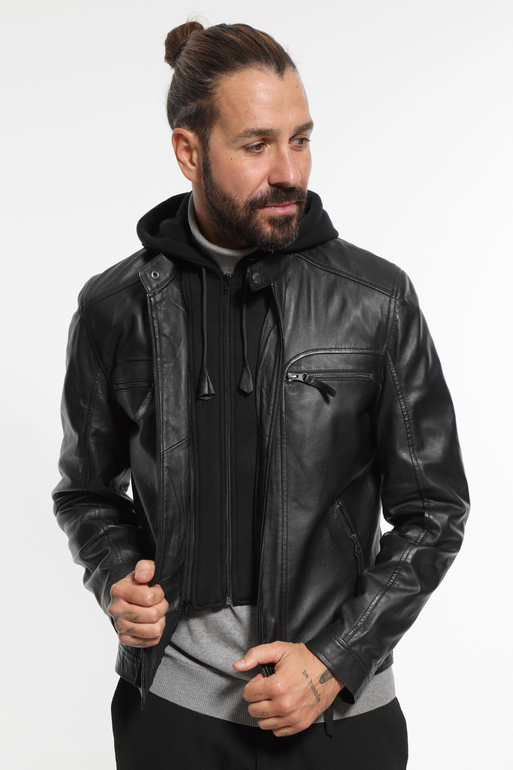 Men s black leather jacket with detachable hood newtonleather.gr