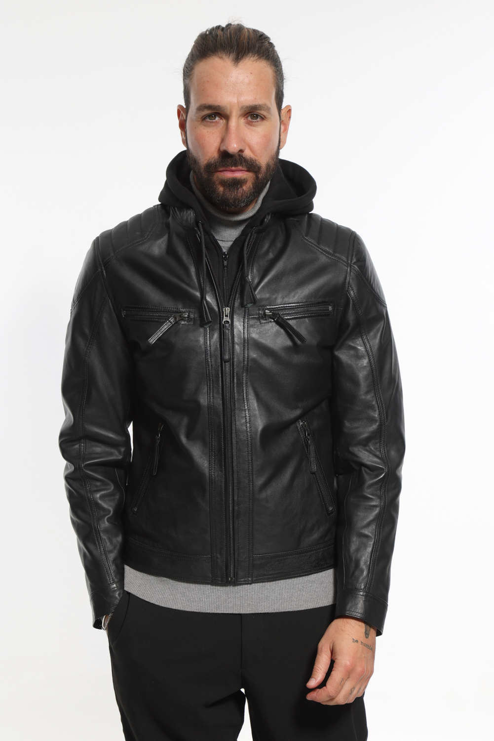 Men s sports leather jacket with detachable hood newtonleather.gr