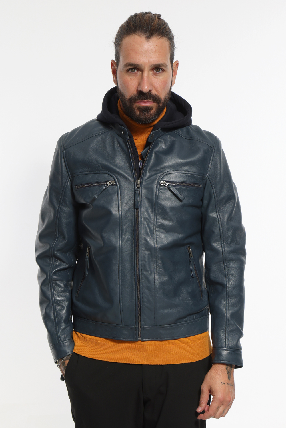 Leather jacket with detachable hood hotsell